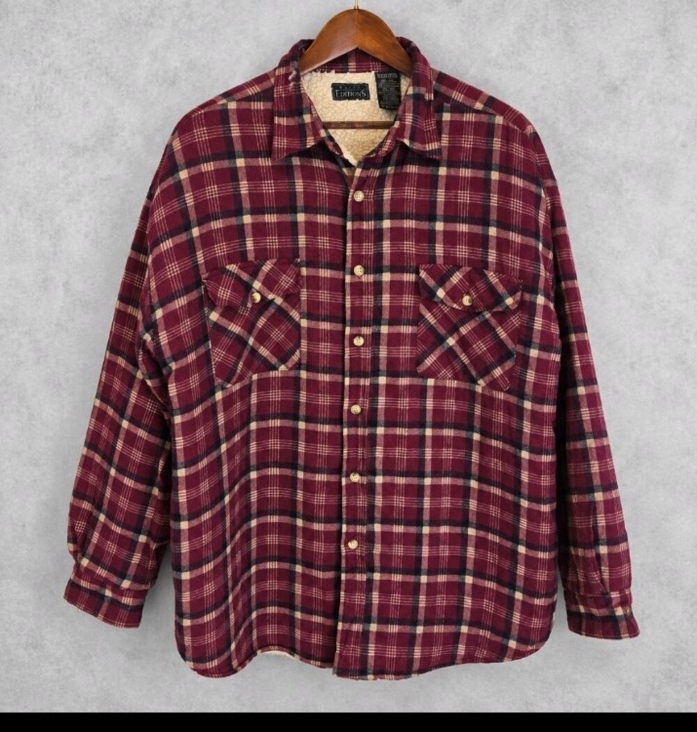 Basic Editions Mens XL Sherpa Lined Plaid Flannel Shirt Jacket Burgundy Shacket